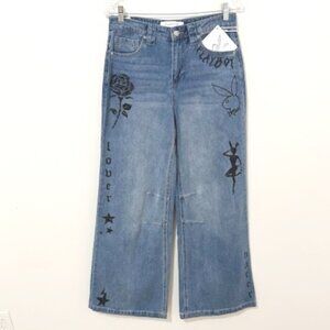 Playboy Denim Wide Leg Graphic Jeans Sinner Lover Hater Playboy Bunny Size 9